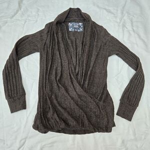 Maeve By Anthropology Dark Brown Long Sleeve Faux Wrap Gathered Waist Sweater